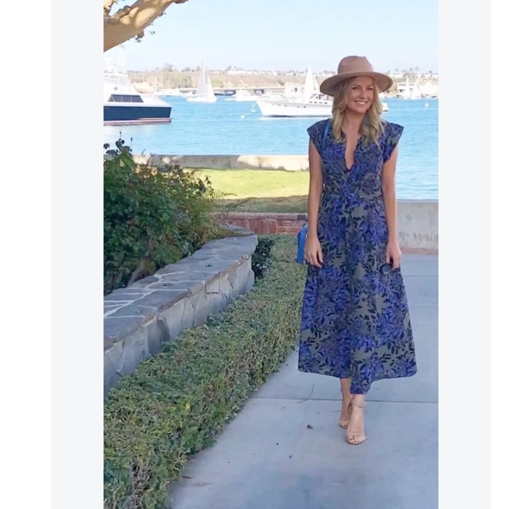 Rebecca Taylor Silk Midi Dress Women 4 Blue Floral Excellent Tie Waist Shirt